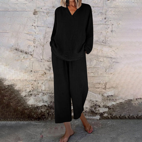 Casual V-neck pullover long sleeve plus pocket trousers cotton multi-color women's suit m301441