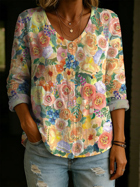 Crew Neck Women's Floral 3D Printed Henley Shirt m303180