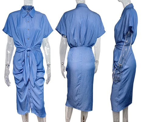 Shirt Collar Split Pleated Slim Wash Denim Dress M300315