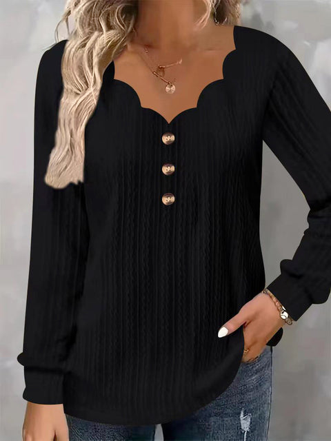 Women's solid color scallop V-neck chest button-down long-sleeved top T-shirt m301771