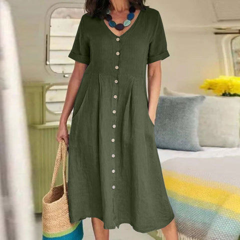 New solid color loose high waist cotton and linen dress m301192