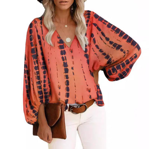 V-neck shirt printed lantern sleeve women's top m301626