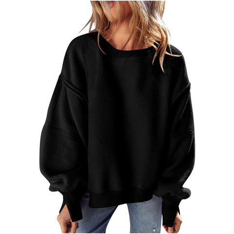 Splicing design hem irregular loose plush sweater top women m301914