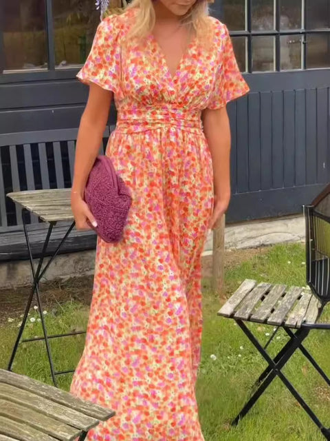 Temperament printed waist V-neck dress m301307