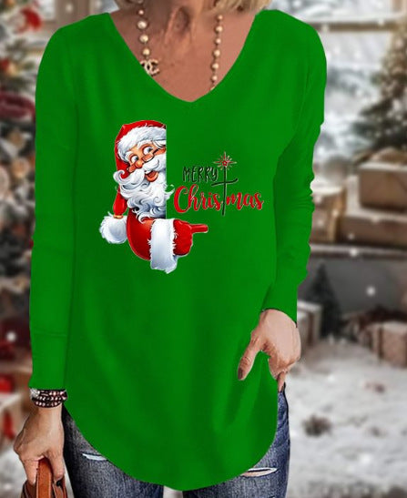 Loose 3D V-neck long-sleeved T-shirt women's Christmas printed bottoming shirt m302098