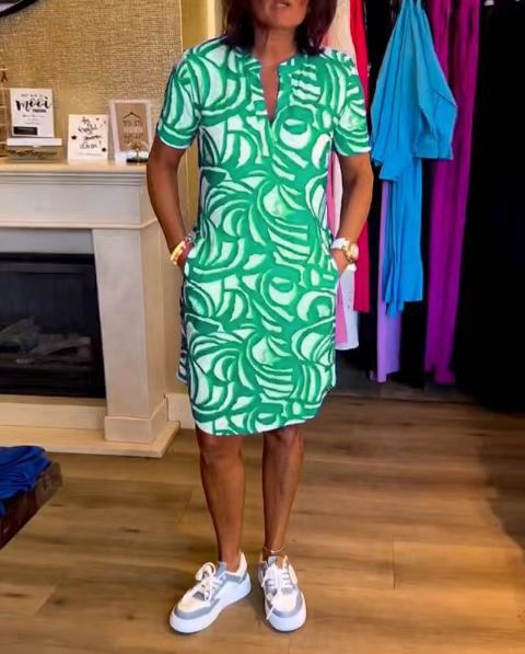 Short sleeve printed V-neck fashion dress m301312