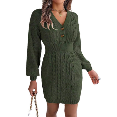 Button V-neck twist lantern sleeve hip sweater skirt m300577
