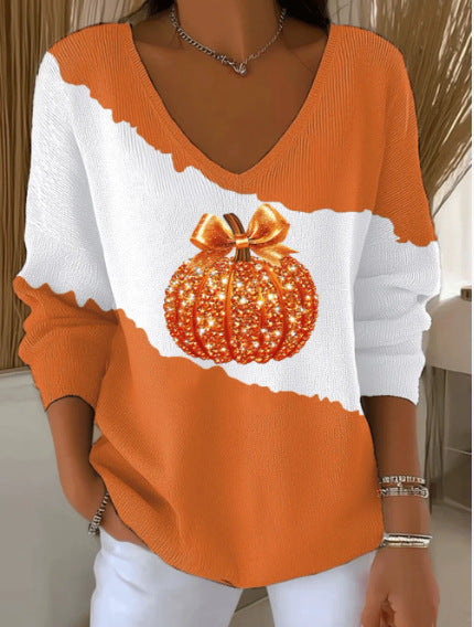 Shoulder V-Neck Long Sleeve Pullover 3D Digital Printing Women's Top T-Shirt m301684