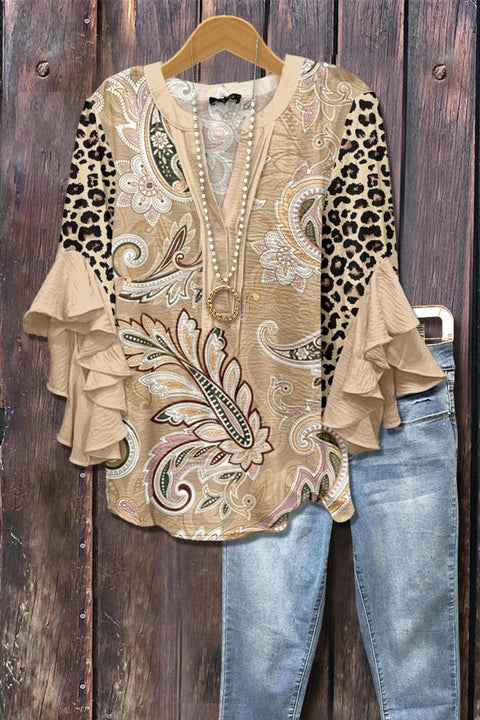 Creative floral element printing digital printing casual trend V-neck lotus edge T-shirt m301358