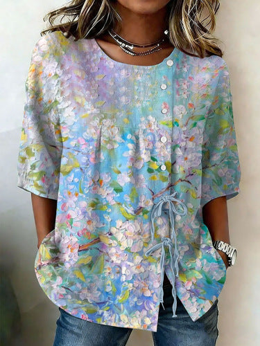 Color matching loose blouse five-button drawstring m302924