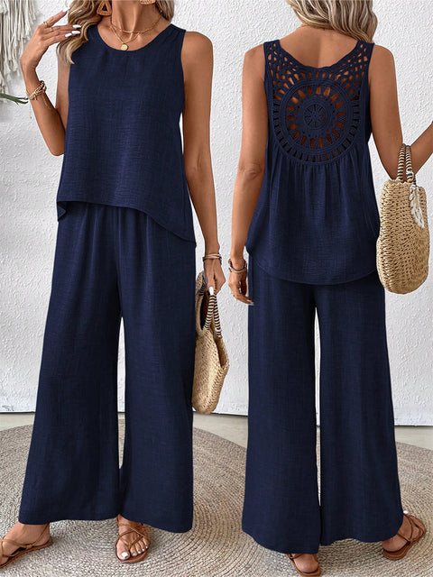 Spring and summer solid color hollow lace two-piece fashion casual vest wide-leg pants trousers m301367
