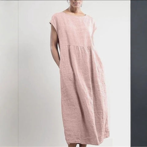Solid color sleeveless loose cotton and linen pocket dress m301608