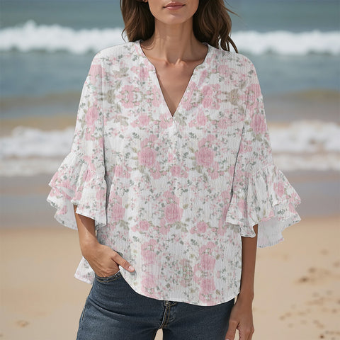 Creative floral element printing digital printing casual trend V-neck lotus edge T-shirt women's m301769