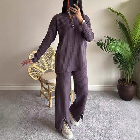 Women's solid color zipper knitted suit turtleneck pit strip loungewear two-piece set m301792