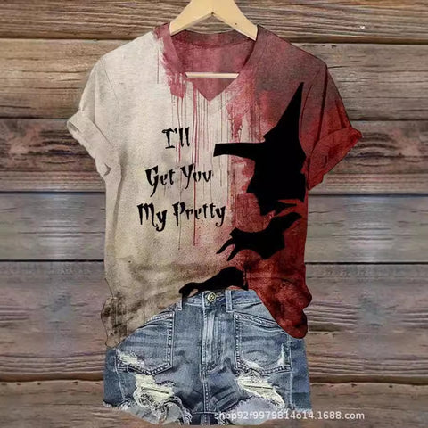 3D Halloween pattern printing, summer temperament casual V-neck short-sleeved European and American women's T-shirt m301688