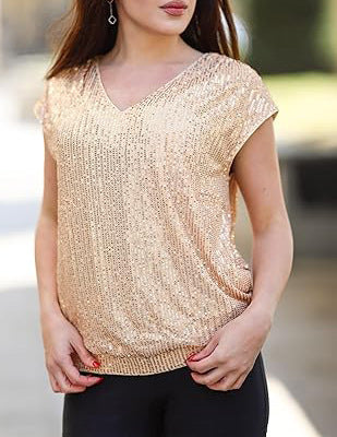 Sleeve sequins slim V-neck solid color top T-shirt women's m300996