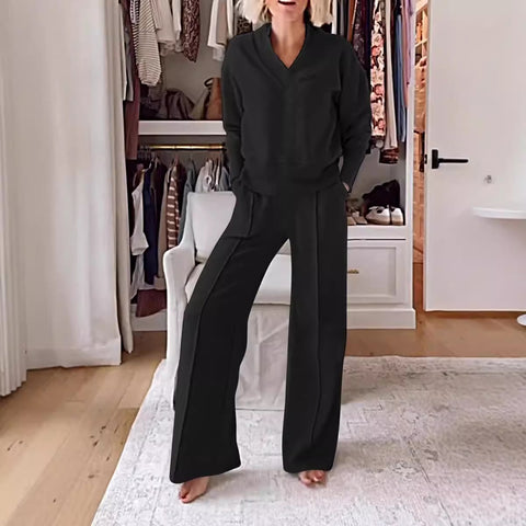 V-neck long-sleeved loose top wide-leg pants two-piece set m301327