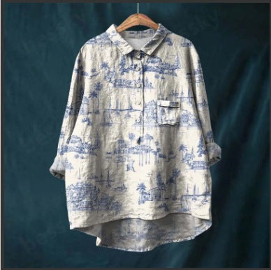 Long Sleeve Bamboo Linen Printing Fashion Versatile Lapel Shirt m301040
