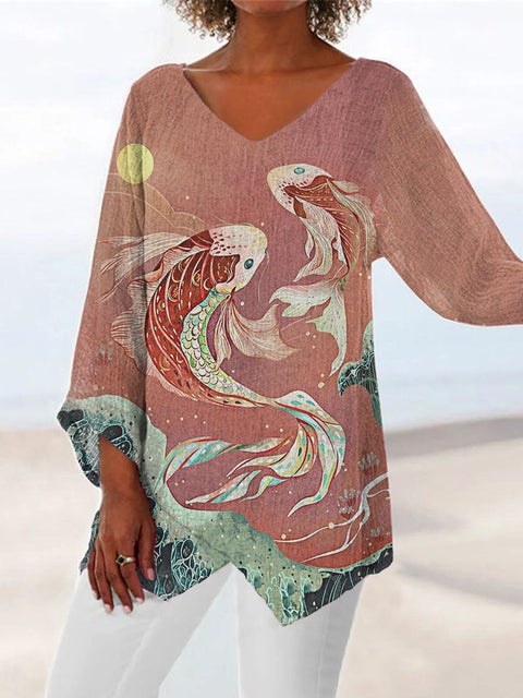 Women's printed animal natural scenery V-neck nine-quarter sleeve loose T-shirt m301289
