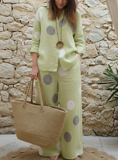 Women's suit long-sleeved lapel button-up top trousers printed two-piece set m302718
