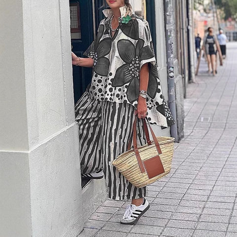 Women's lapel loose geometric printing casual suit m301238