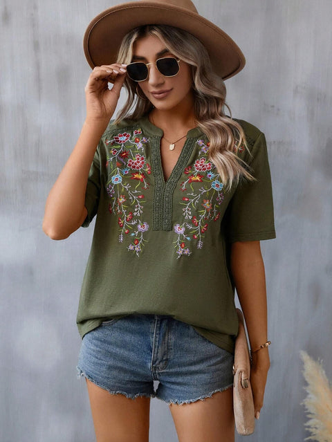 10,000-Needle Embroidered Splicing Lace Top Women's T m300884