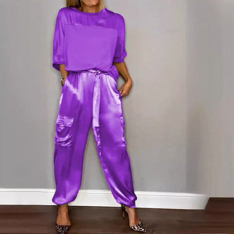 Women's smooth satin half-sleeved top and pants set two-piece set m301649