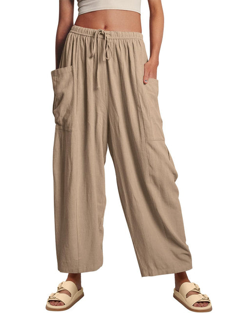 Elastic waist pleated middle waist straight pants loose casual cotton and linen nine-point pants m301883
