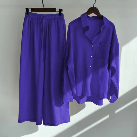 Cotton and linen shirt set high waist loose trousers m301983