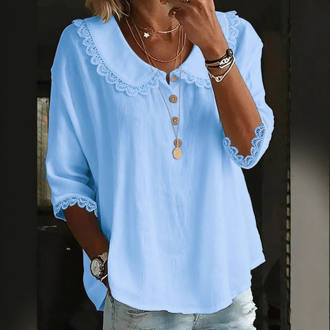 Women's casual loose fashion lapel lace solid color button-down shirt m302339