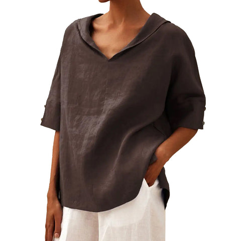Solid color cotton and linen loose hooded top T-shirt m302700