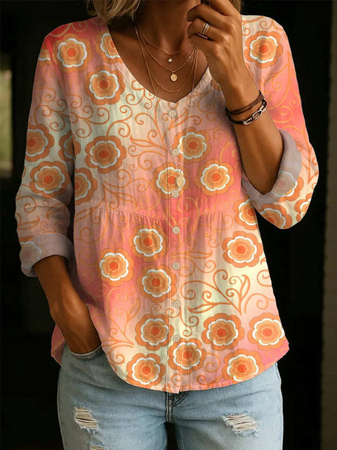 Crew Neck Women's Floral 3D Printed Women's Henley Shirt m302611