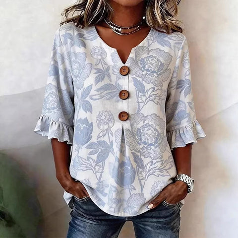 Small V-neck shirt flared sleeve printed button-down shirt m302753