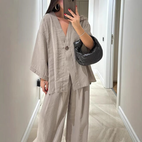 Fashion casual suit V-neck one-button loose long-sleeved top high-waisted trousers two-piece set m301966