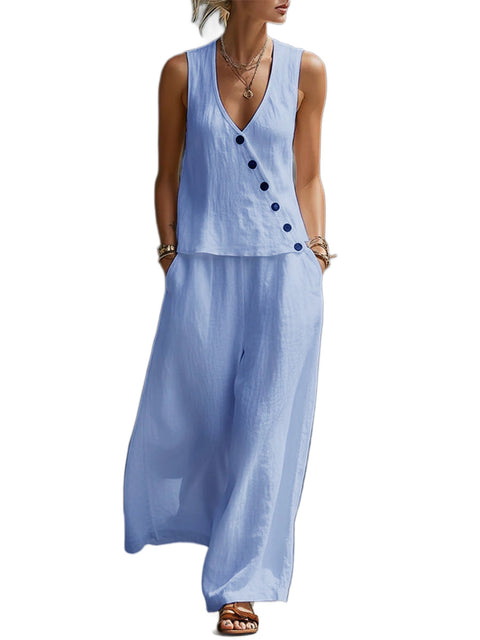 Spring and summer new sleeveless V-neck button top solid color pants casual suit m302509