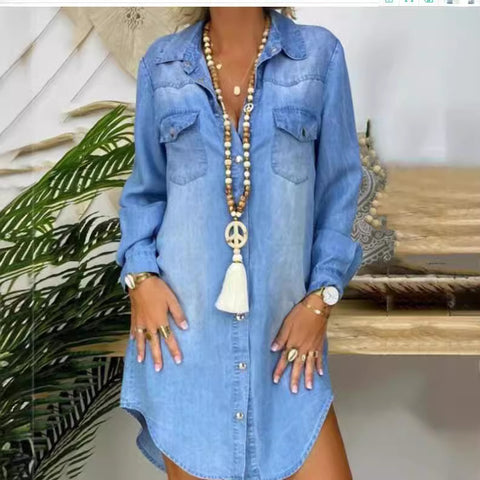 Long Sleeve Buckle Pocket Solid Color Denim Shirt Dress m300718