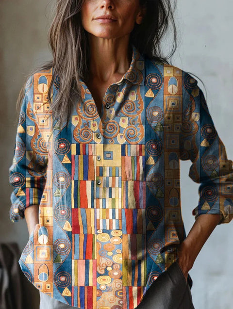 Long Sleeve Bamboo Linen Printing Fashion Versatile Lapel Shirt m301040