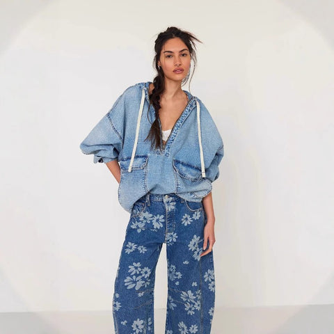 Fashion Loose Casual Wash Hooded Denim Long Sleeve Top m303253