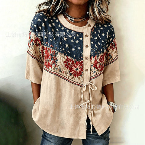 Temperament women's long-sleeved shirt printed top lace-up shirt m302925