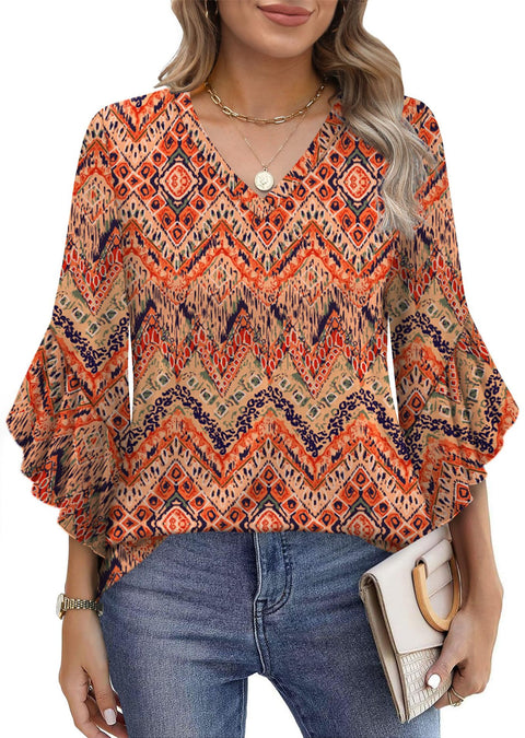 Solid color knitted printed V-neck ruffle edge seven-quarter sleeve loose top m301522