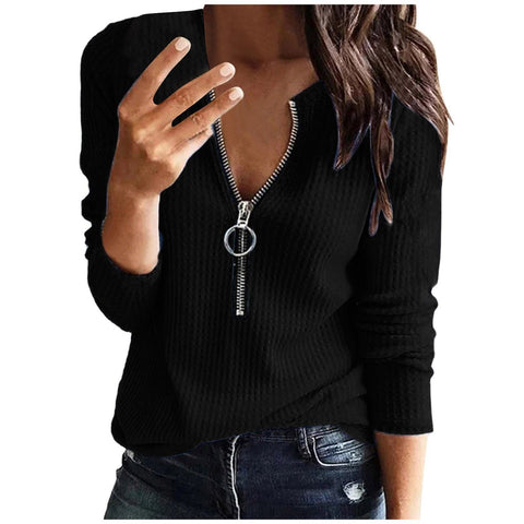 Knitted V-neck Long-Sleeve Zipper Top plus Size T-shirt Female M300174