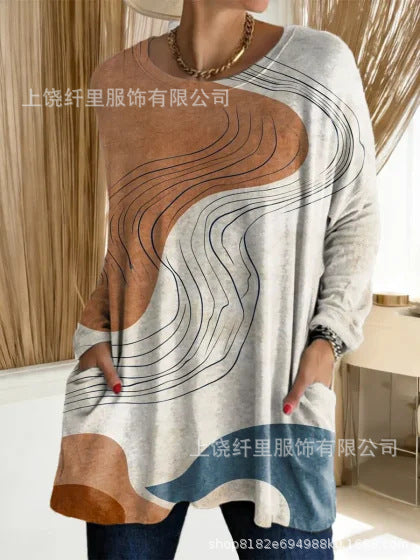 T-shirt pull à manches longues et col rond pour femme, imprimé en 3D, m303192