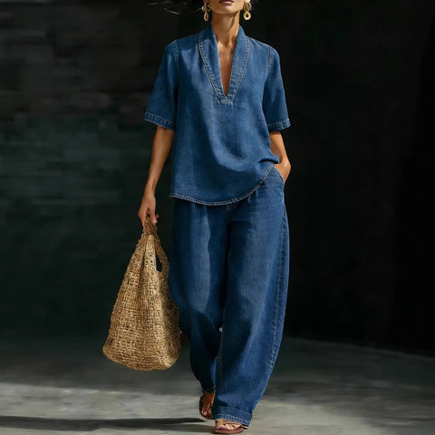 Casual retro denim V-neck short-sleeved trousers set m302511