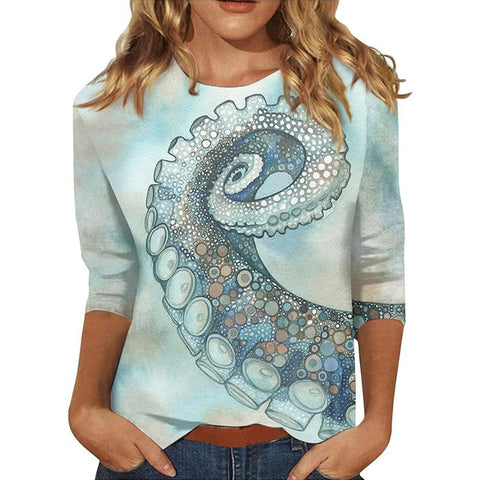 Seven-quarter sleeve plant flower 3D printing crew neck pullover m300615