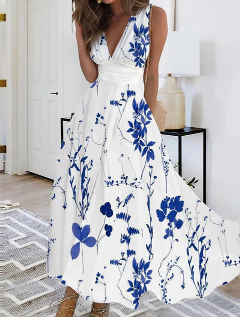 Women's new V-neck with lining high waist sleeveless printed sexy vest dress m301267