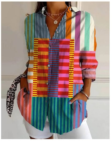 3D digital printing abstract pattern women's long-sleeved buckle linen shirt m301277