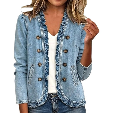 Washed denim jacket women's ruffle edge button-up denim jacket m303256