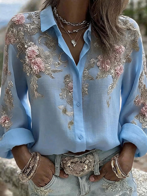 Chemise femme boutonnée à manches longues et revers fleuri m303076