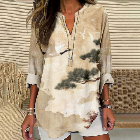 Loose 3D Printed V-Neck Shirt Long Sleeve T-Shirt m301360