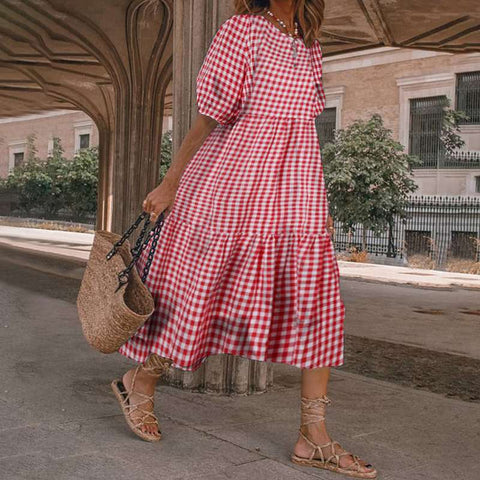 Casual long-sleeved plaid frilly loose dress m301460